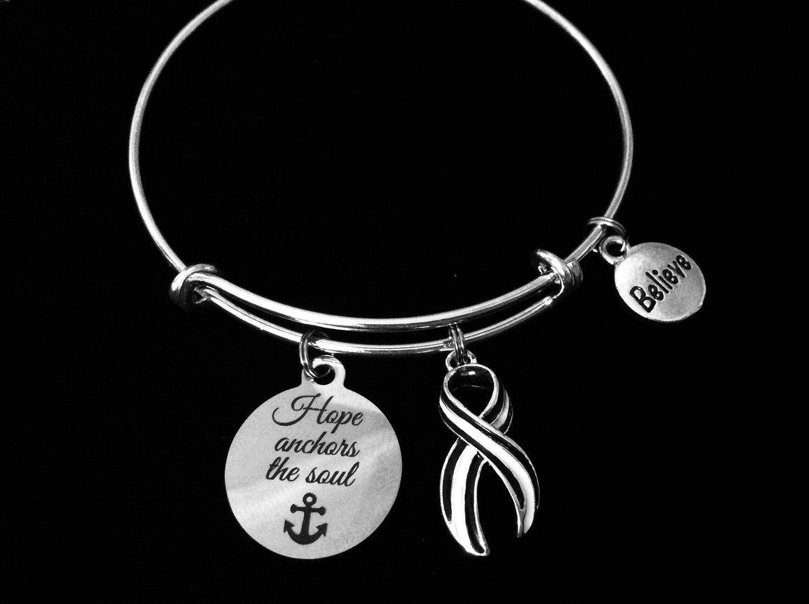 ALS bracelet Lou Gehrig's Disease Charm Bracelet Navy and White Awareness Ribbon Silver Expandable Adjustable Bangle One Size Fits All Gift Amyotrophic Lateral Sclerosis Believe Jewelry Hope Anchors the Soul