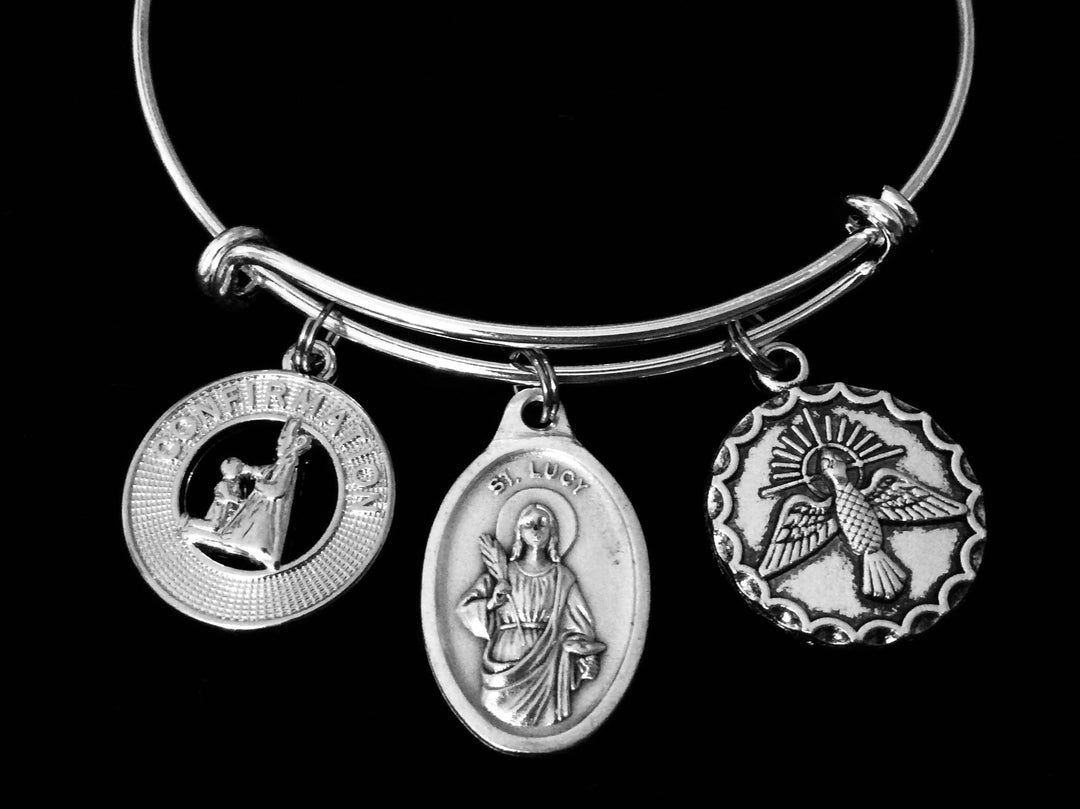 Confirmation Saint Lucy Expandable Charm Bracelet Silver Wire Bangle Adjustable