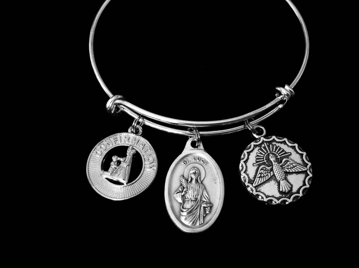 Confirmation Saint Lucy Expandable Charm Bracelet Silver Wire Bangle Adjustable
