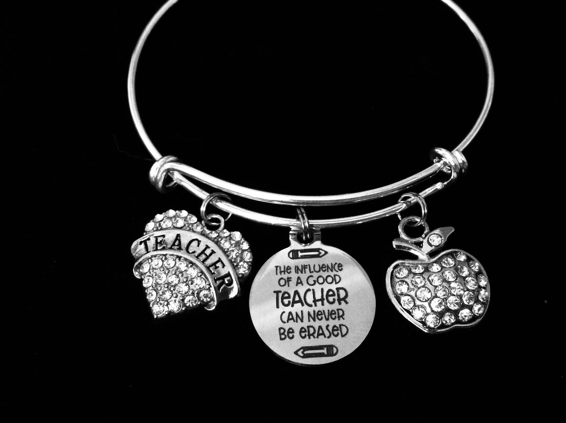 Special Teacher Gift Silver Expandable Charm Bracelet Silver Adjustable Bangle Crystal Apple One Size Fits All