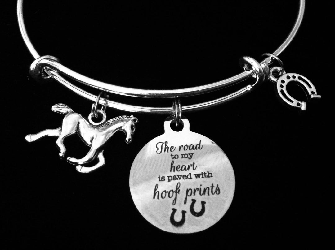 Horse Expandable Charm Bracelet Silver Adjustable Bangle One Size Fits All Gift Horse Lover Horseshoe Hoof Prints