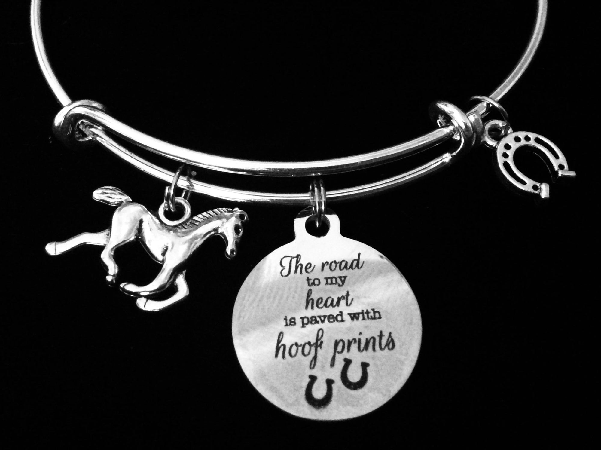 Horse Expandable Charm Bracelet Silver Adjustable Bangle One Size Fits All Gift Horse Lover Horseshoe Hoof Prints