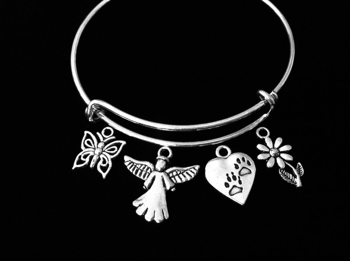 Paw Print Angel Jewelry Silver Expandable Charm Bracelet Adjustable Bangle One Size Fits All Gift Butterfly Daisy 