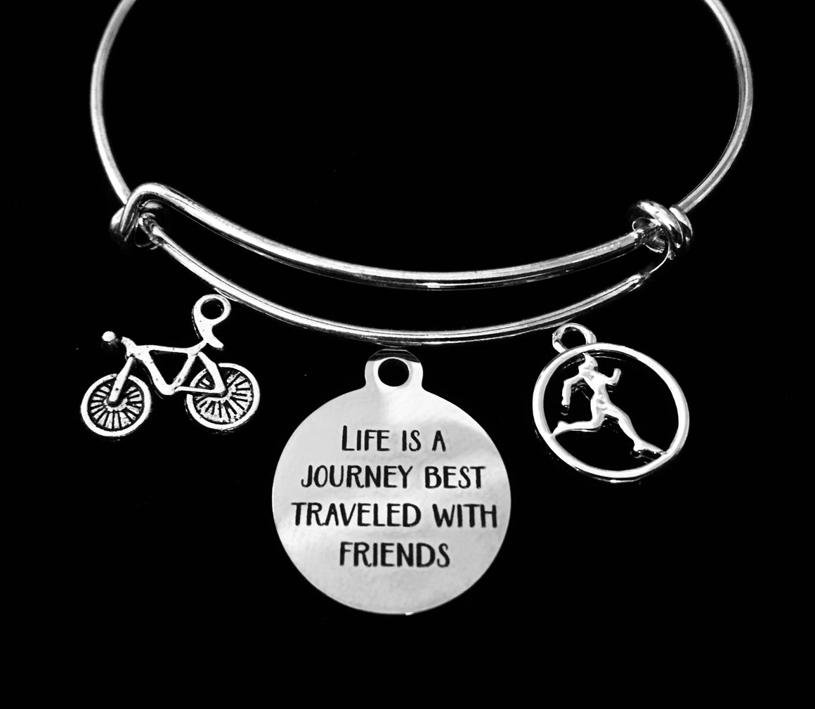 Runner Biker Life is a Journey Best Traveled With Friends Expandable Charm Bracelet One Size Fits All Gift Silver Adjustable Silver Wire Bangle
