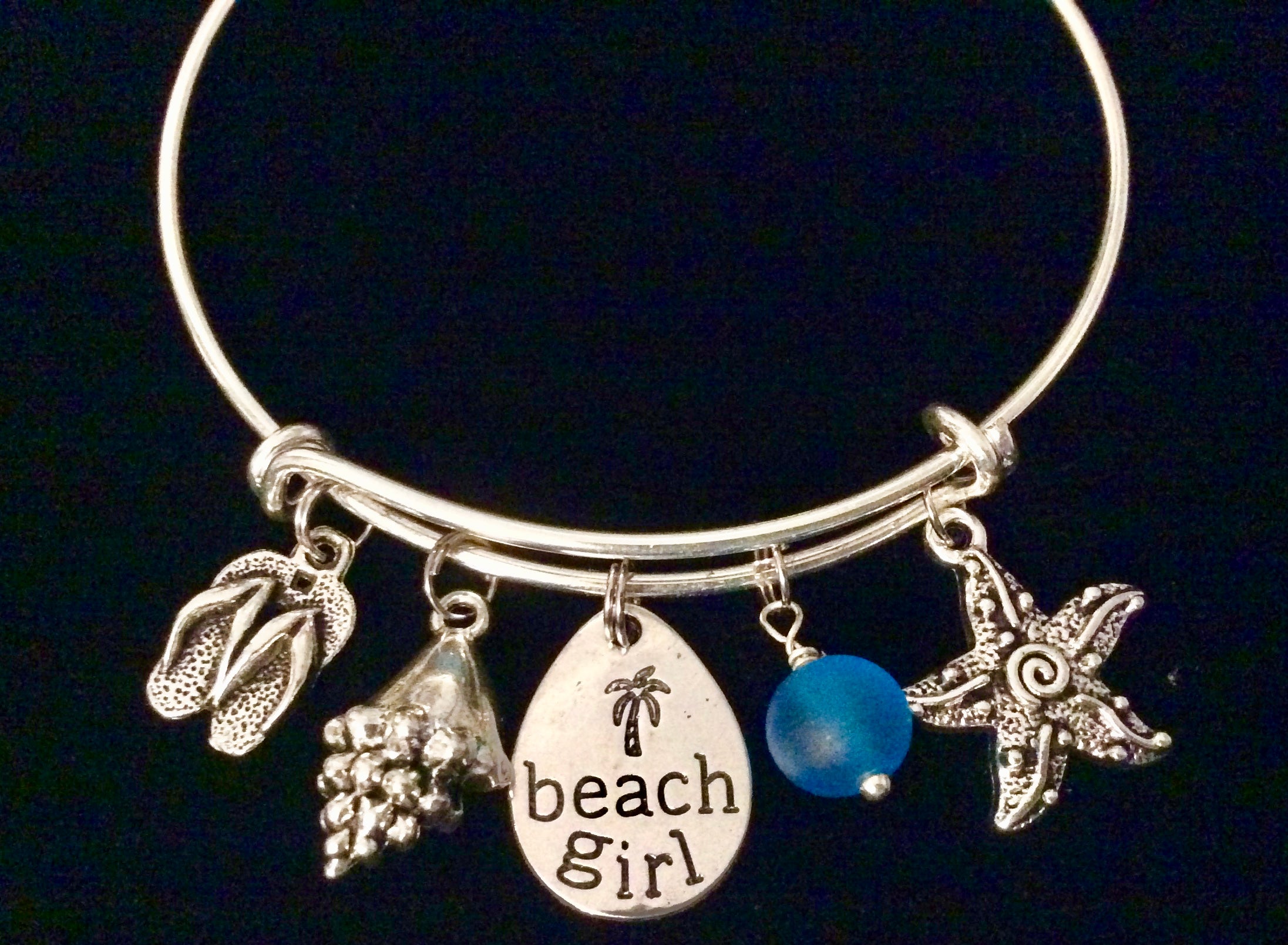 Beach Girl Jewelry Sea Glass Nautical Charm Bracelet Sea Shell Flip Flop Silver Expandable Adjustable Wire Bangle Bracelet Stacking One Size Fits All