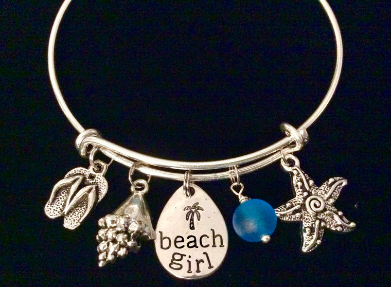 Beach Girl Jewelry Sea Glass Nautical Charm Bracelet Sea Shell Flip Flop Silver Expandable Adjustable Wire Bangle Bracelet Stacking One Size Fits All Gift