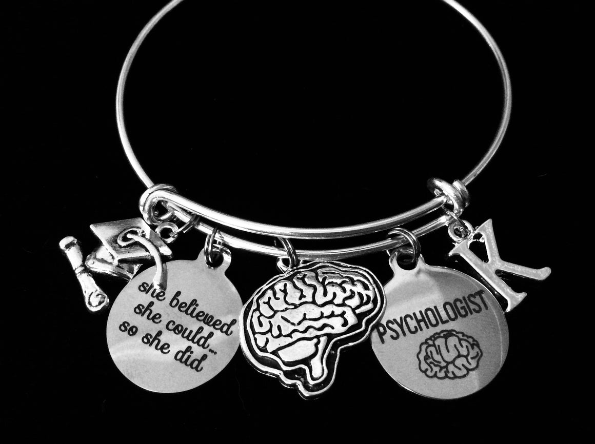 Psychologist Graduation Charm Bracelet Personalized Expandable Adjustable Silver Bangle One Size Fits All Gift She Believed She Could So She Did