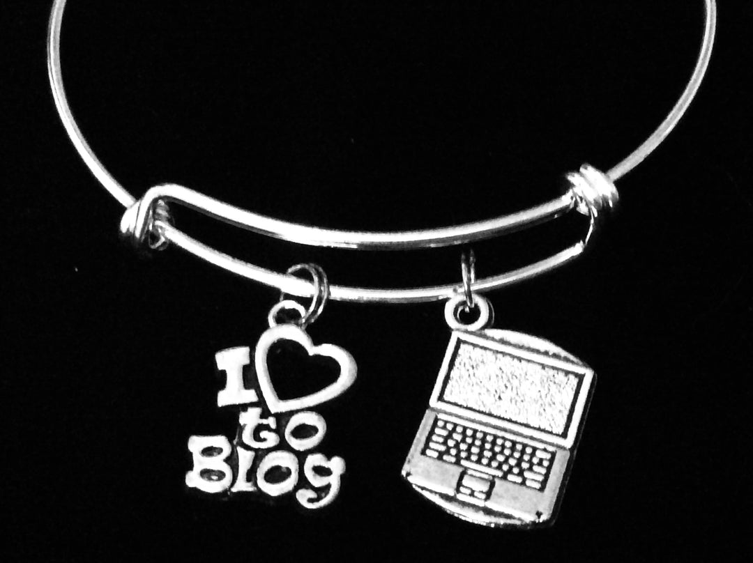 I Love to Blog Charm Bracelet Silver Computer Adjustable Expandable Bangle One Size Fits All Gift