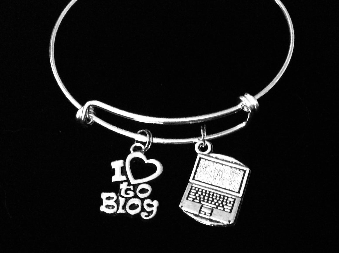 I Love to Blog Charm Bracelet Silver Computer Adjustable Expandable Bangle One Size Fits All Gift