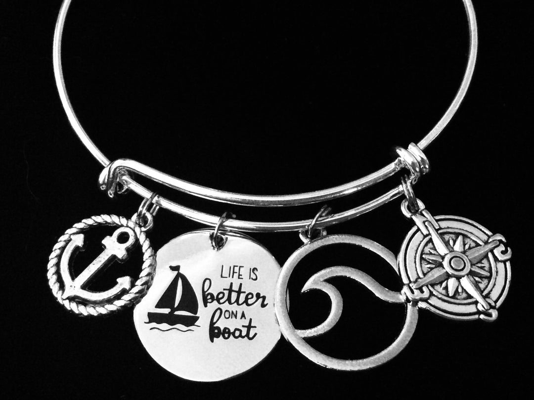 Life is Better On A Boat Expandable Charm Bracelet Silver Adjustable Bangle One Size Fits All Gift