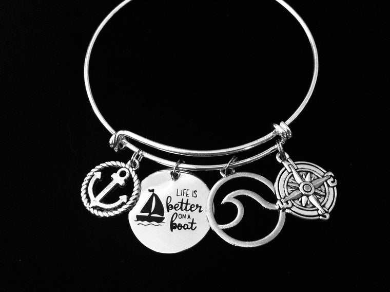 Life is Better On A Boat Expandable Charm Bracelet Silver Adjustable Bangle One Size Fits All Gift