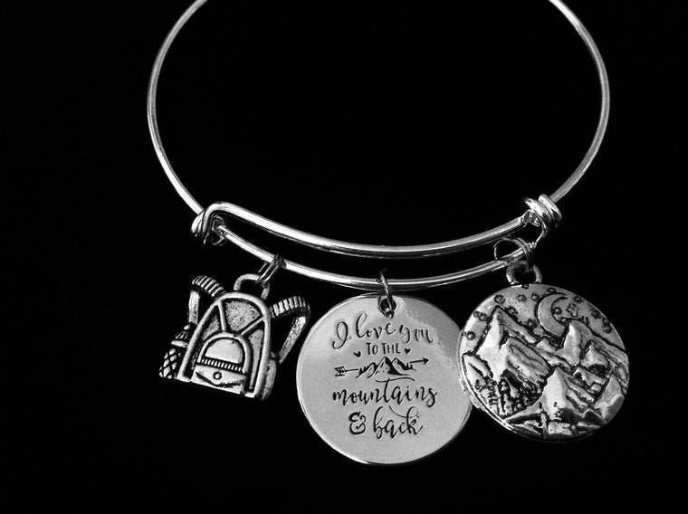 I Love You to the Mountains and Back Expandable Charm Bracelet Silver Adjustable Bangle One Size Fits All Gift Backpacking Back Pack Camping Camp