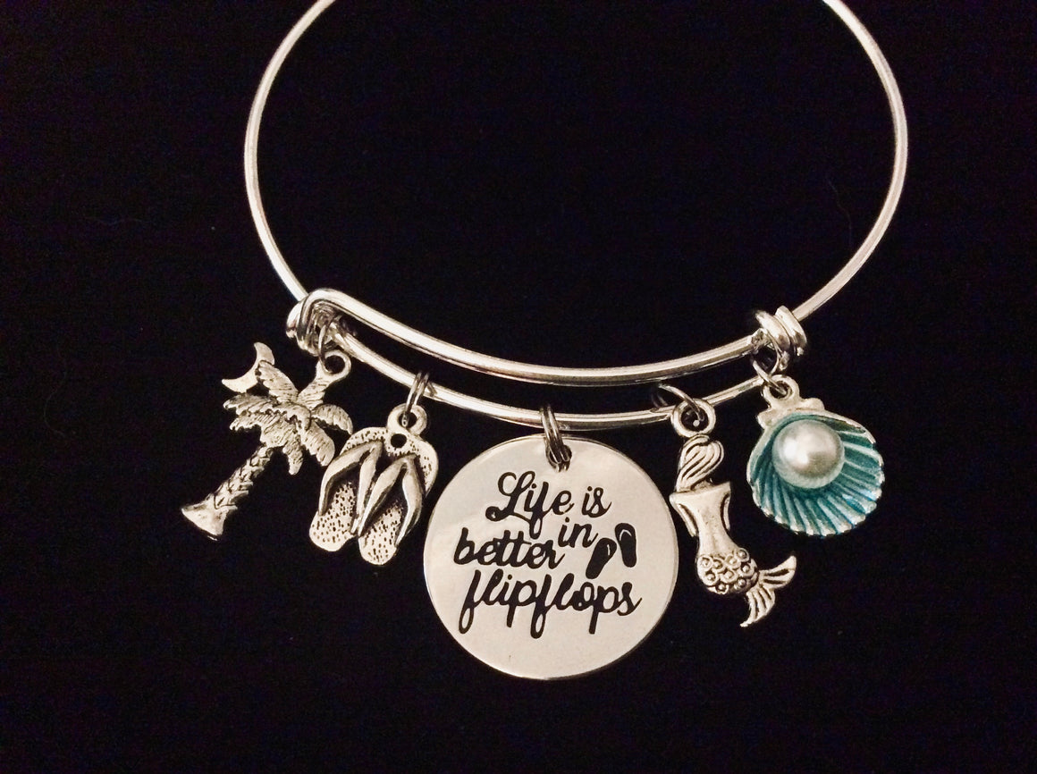 Beach Jewelry Expandable Charm Bracelet Flip Flops Silver Adjustable Bangle Palm Tree Silver Mermaid Jewelry One Size Fits All Gift