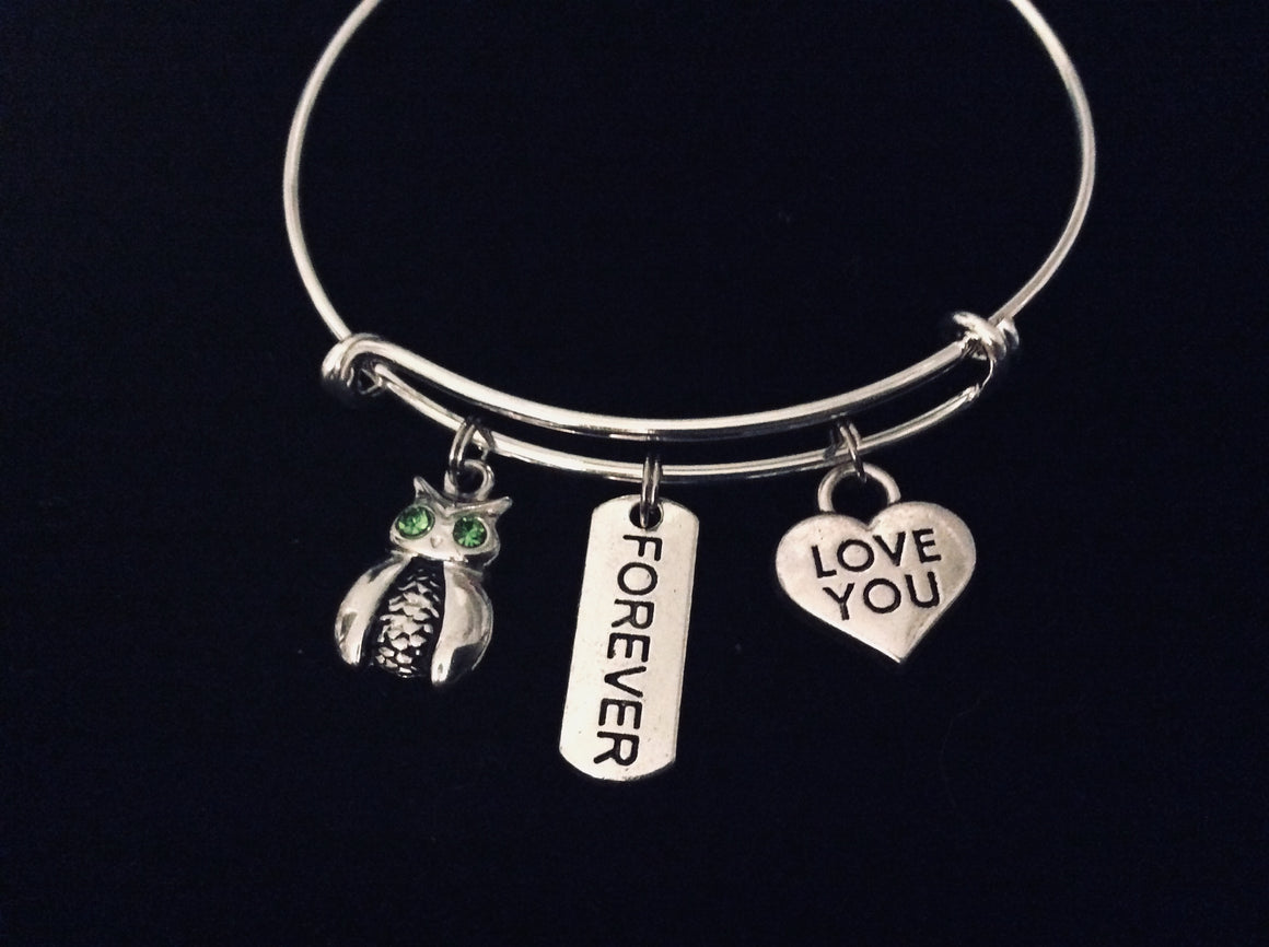 Owl Forever Love You Expandable Charm Bracelet Silver Adjustable Bangle One Size Fits All Gift Green Crystal Owl 