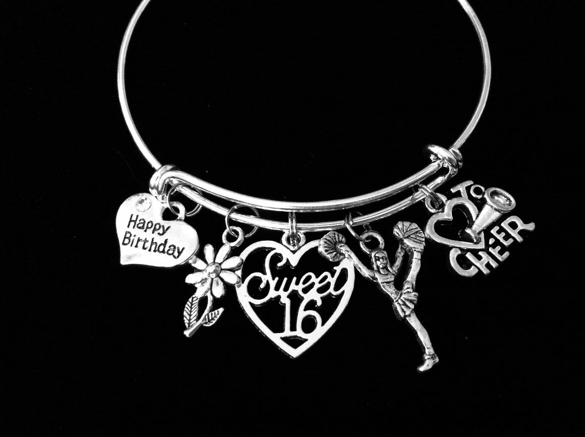 Sweet Sixteen Adjustable Charm Bracelet Happy 16th Birthday Silver Expandable Bangle One Size Fits All Gift Cheerleader I Love to Cheer