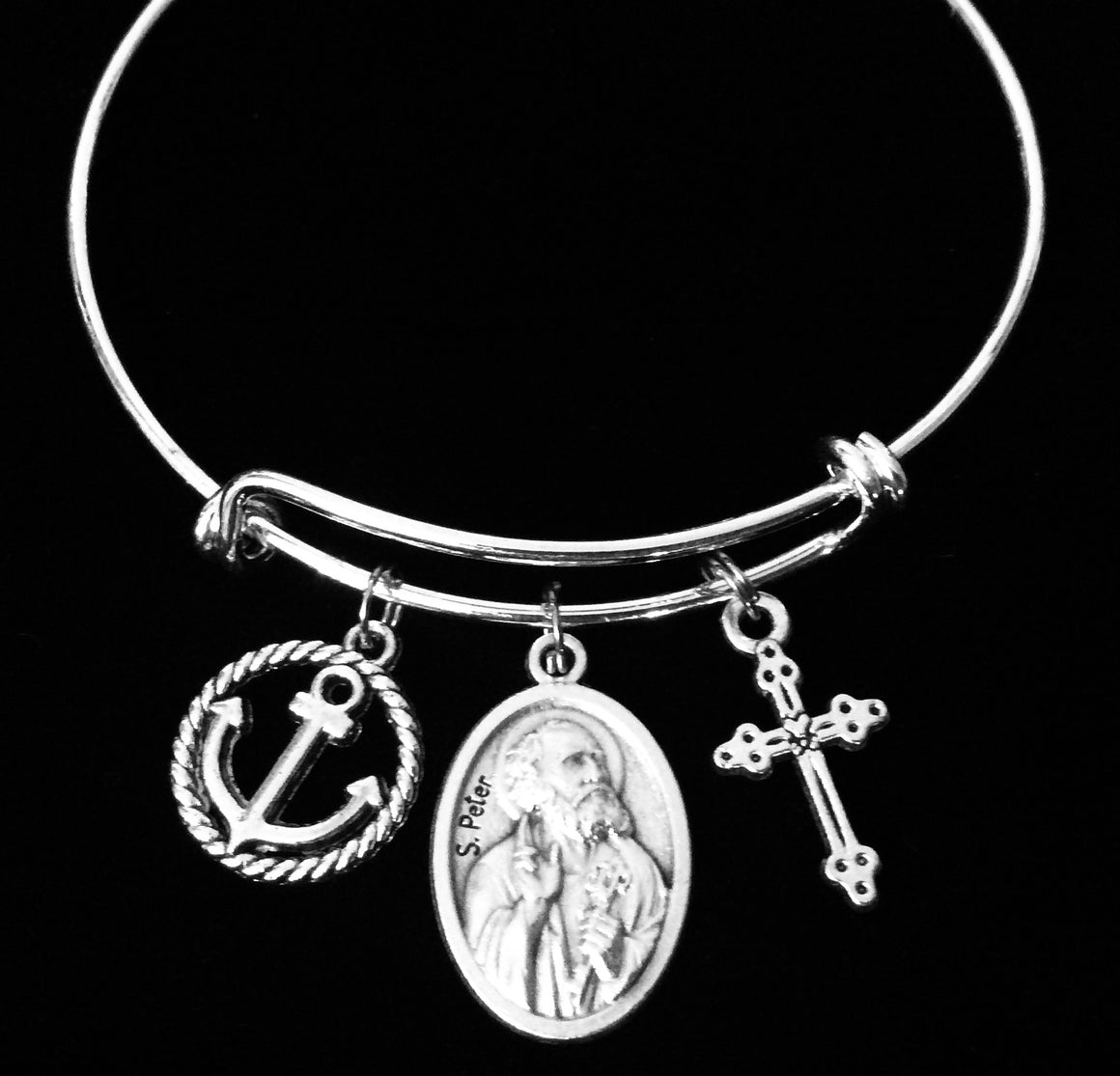 Saint Peter Expandable Charm Bracelet Silver Adjustable Wire Bangle