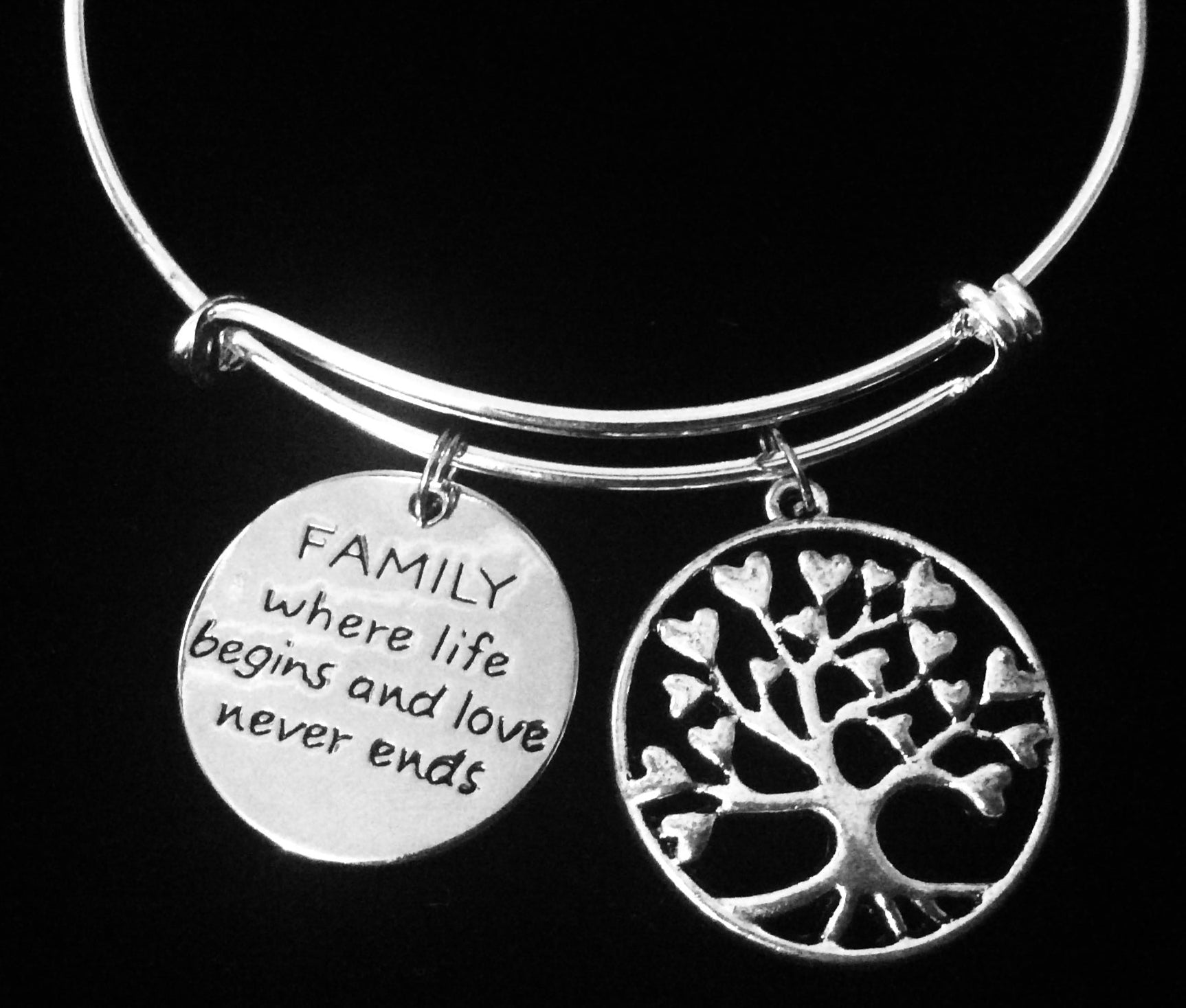 Family Tree Charm Bracelet Silver Expandable Adjustable Bangle One Size Fits All Gift