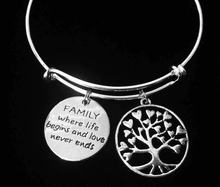 Family Tree Charm Bracelet Silver Expandable Adjustable Bangle One Size Fits All Gift