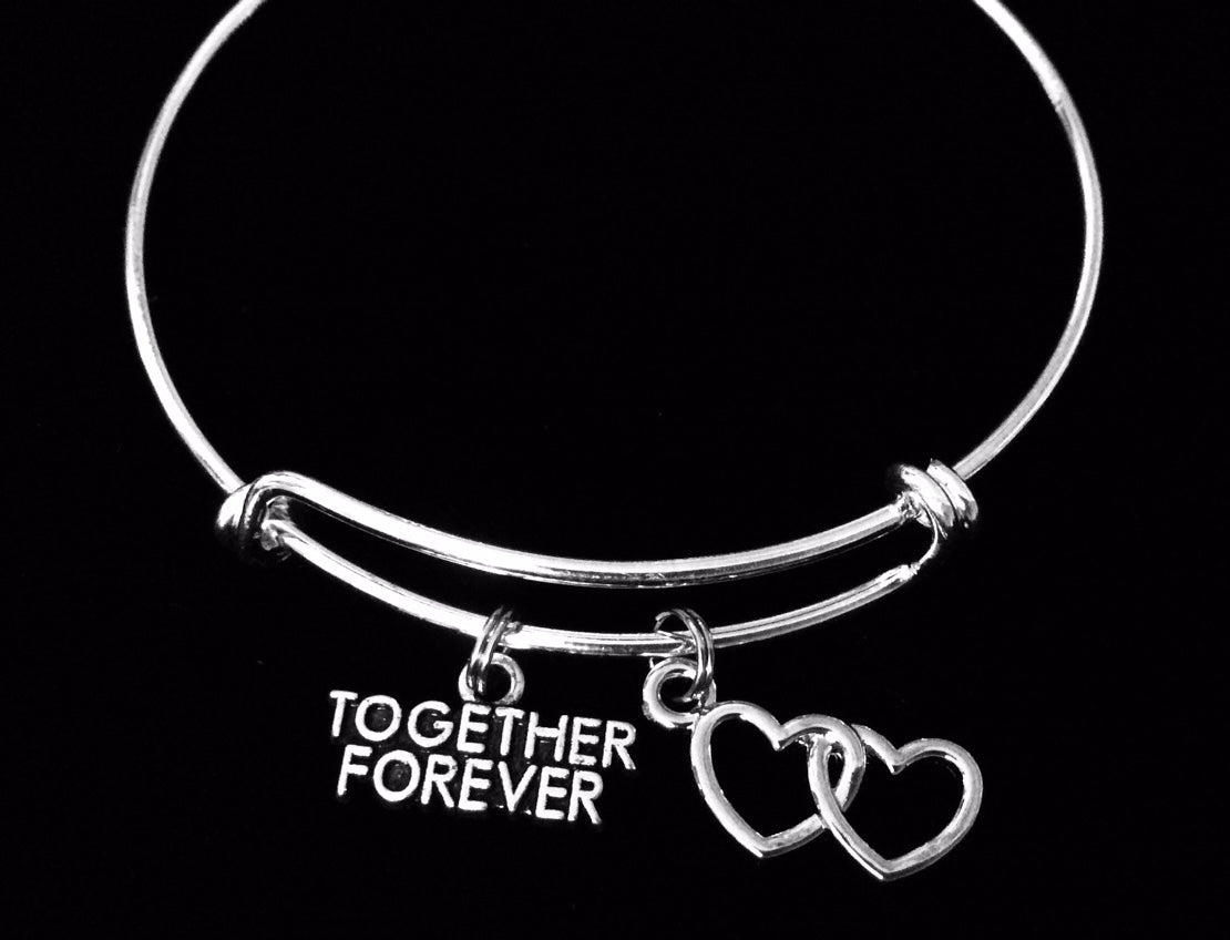 Together Forever Double Hearts Expandable Charm Bracelet Adjustable Silver Bangle