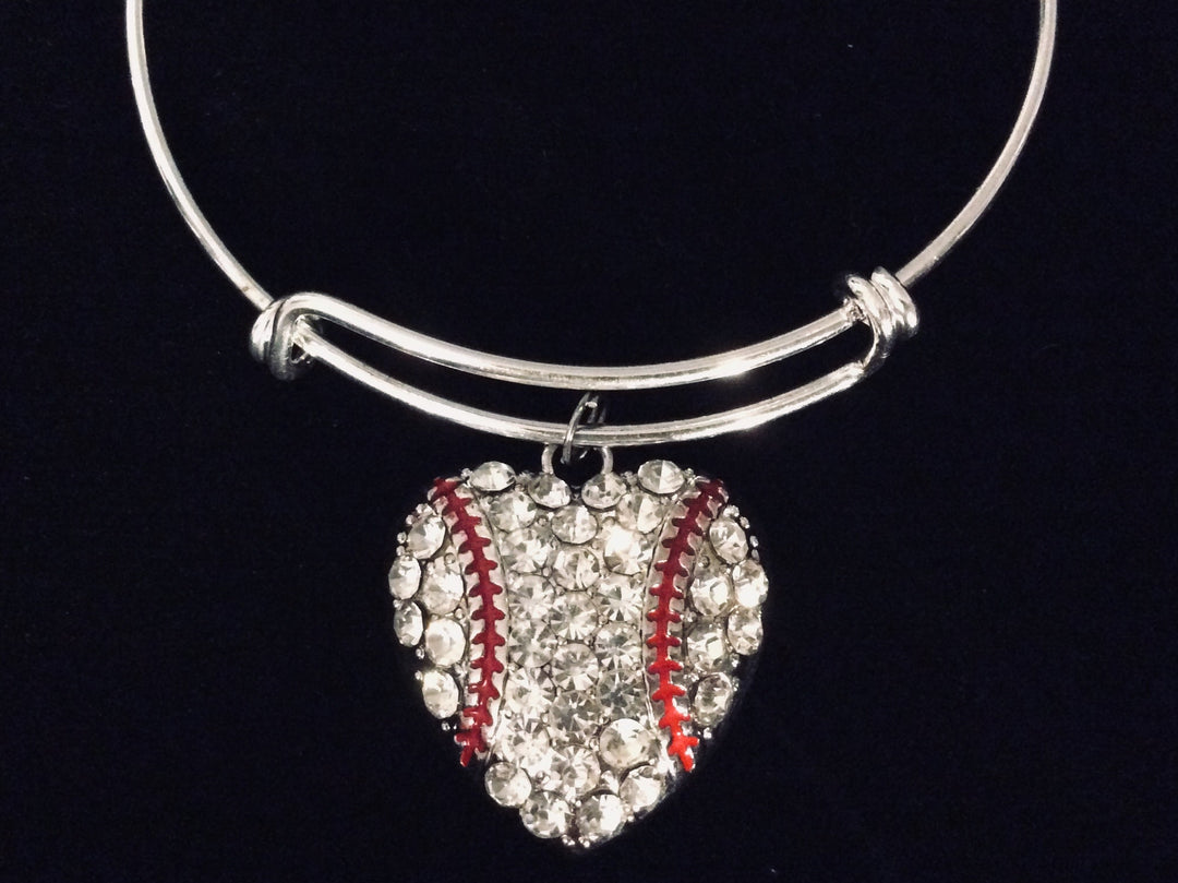Crystal Heart Shaped Baseball Jewelry Rhinestone Adjustable Charm Bracelet Silver Expandable Bangle One Size Fits All Gift