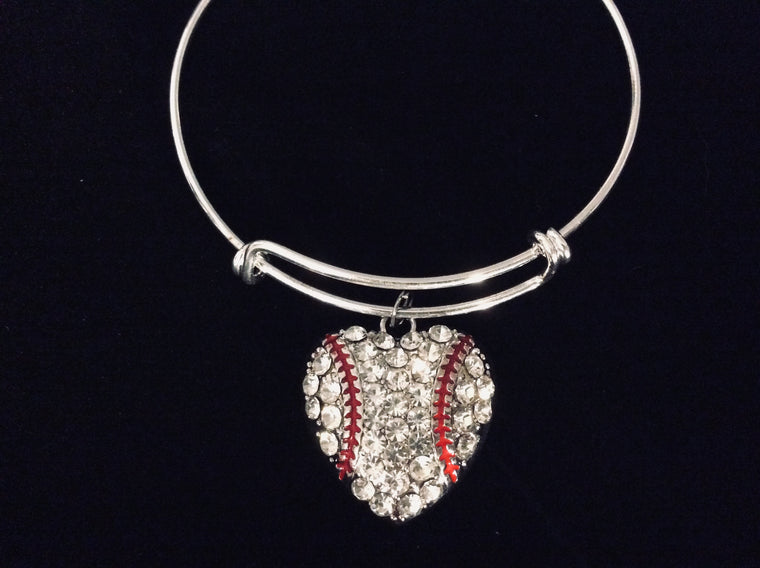 Crystal Heart Shaped Baseball Jewelry Rhinestone Adjustable Charm Bracelet Silver Expandable Bangle One Size Fits All Gift