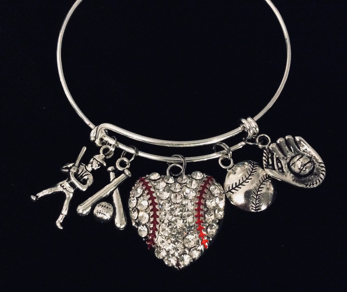 Crystal Heart Baseball Expandable Charm Bracelet Silver Wire Bangle One Size Fits All Gift