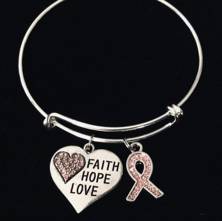 Pink Ribbon Faith Hope Love  Adjustable Charm Bracelet Expandable Silver Bangle One Size Fits All Gift