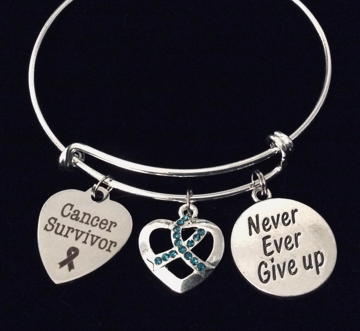 Never Give Up Cancer Survivor Jewelry Teal Expandable Charm Bracelet Adjustable Bangle One Size Fits All Gift