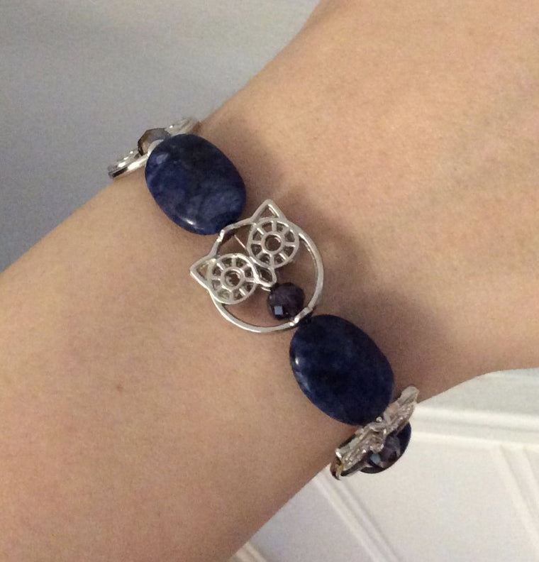 Owl Bracelet with Pure Polished Blue Sodalite Blue Crystals Magnetic Closure