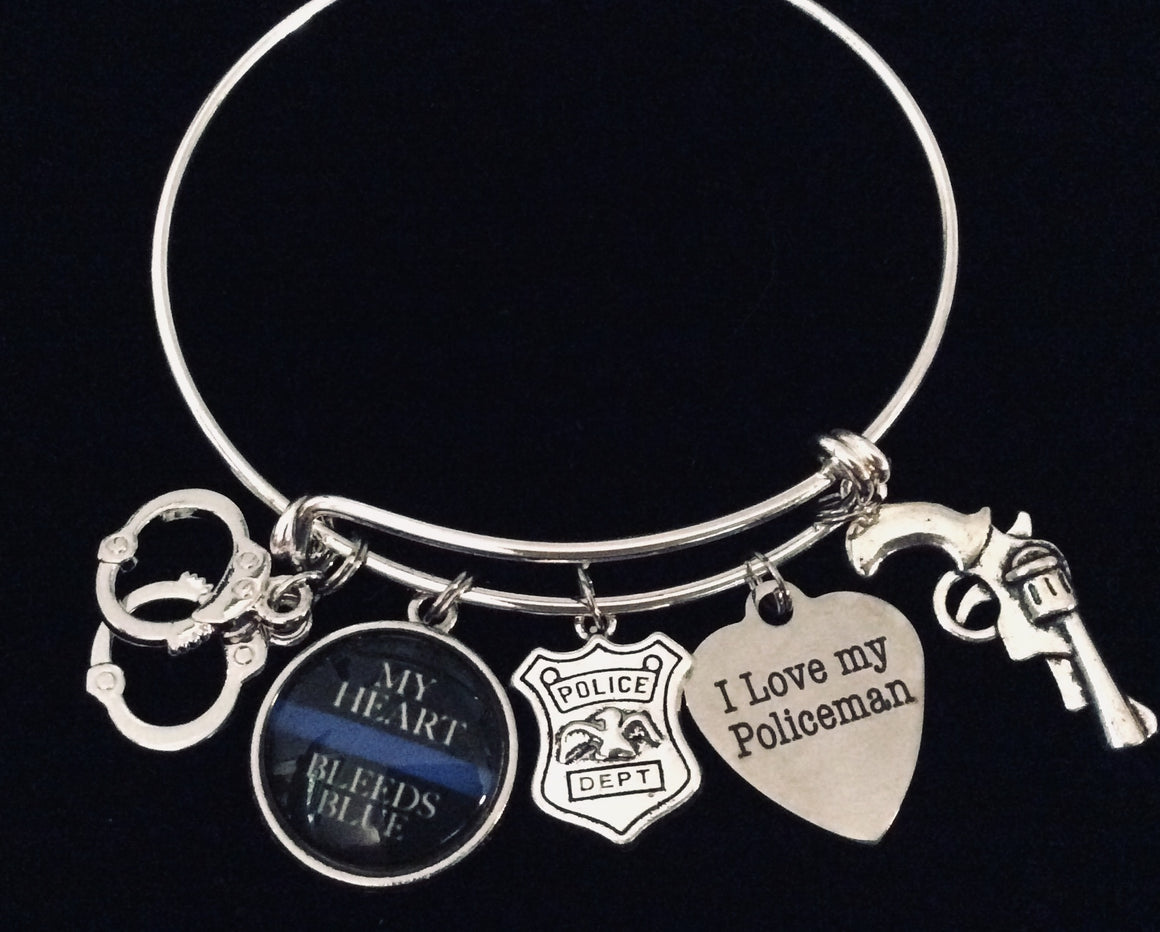 I Love My Policeman Expandable Silver Charm Bracelet Adjustable Wire Bangle One Size Fits All Gift