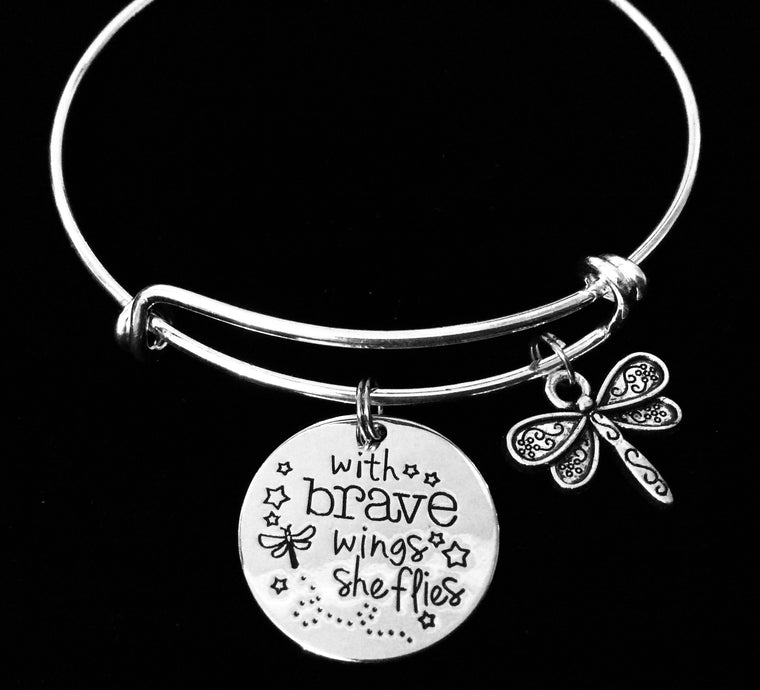 With Brave Wings She Flies Expandable Charm Bracelet Silver Adjustable Bangle One Size Fits All Gift