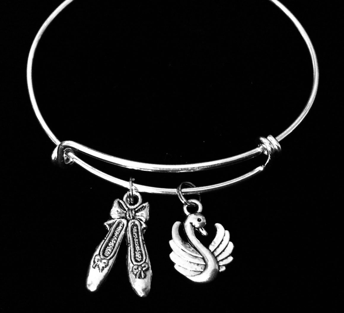 Ballerina Shoes and Swan Expandable Charm Bracelet Adjustable Bangle One Size Fits All Gift