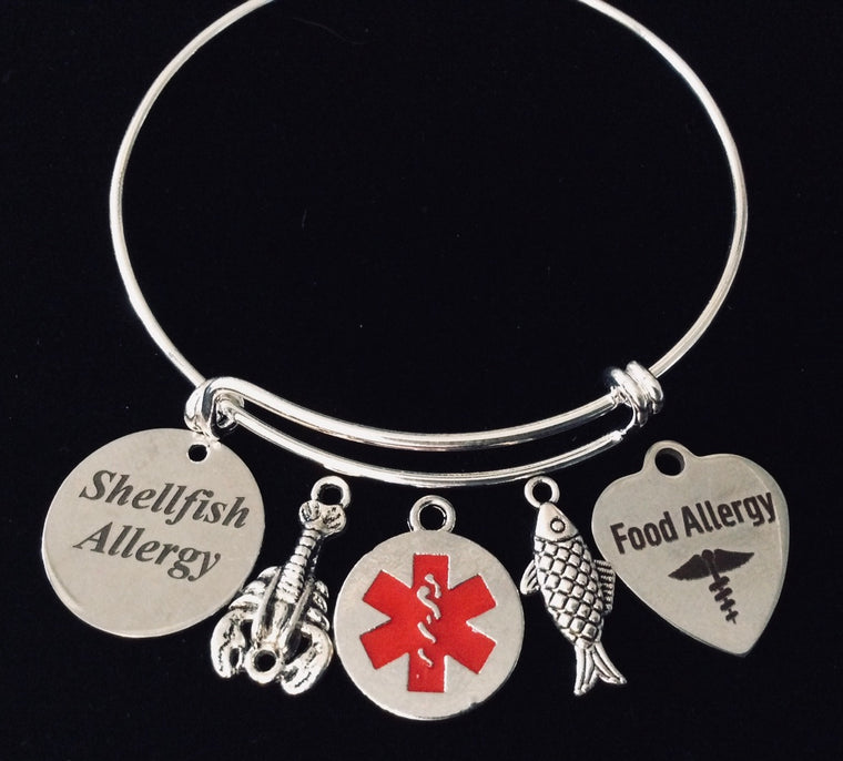Shellfish and Fish Allergy Medical Alert Expandable Charm Bracelet Silver Adjustable Bangle One Size Fits All Gift