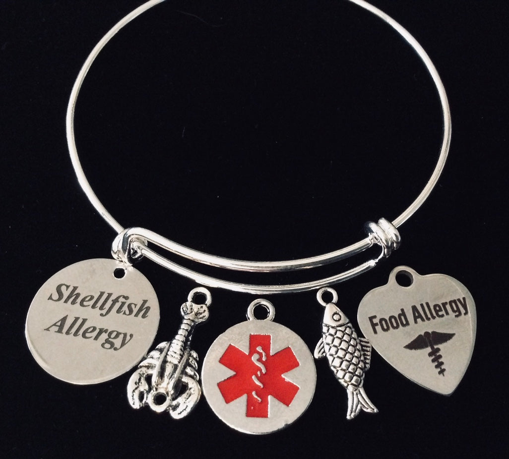 Shellfish and Fish Allergy Medical Alert Expandable Charm Bracelet Silver Adjustable Bangle One Size Fits All Gift