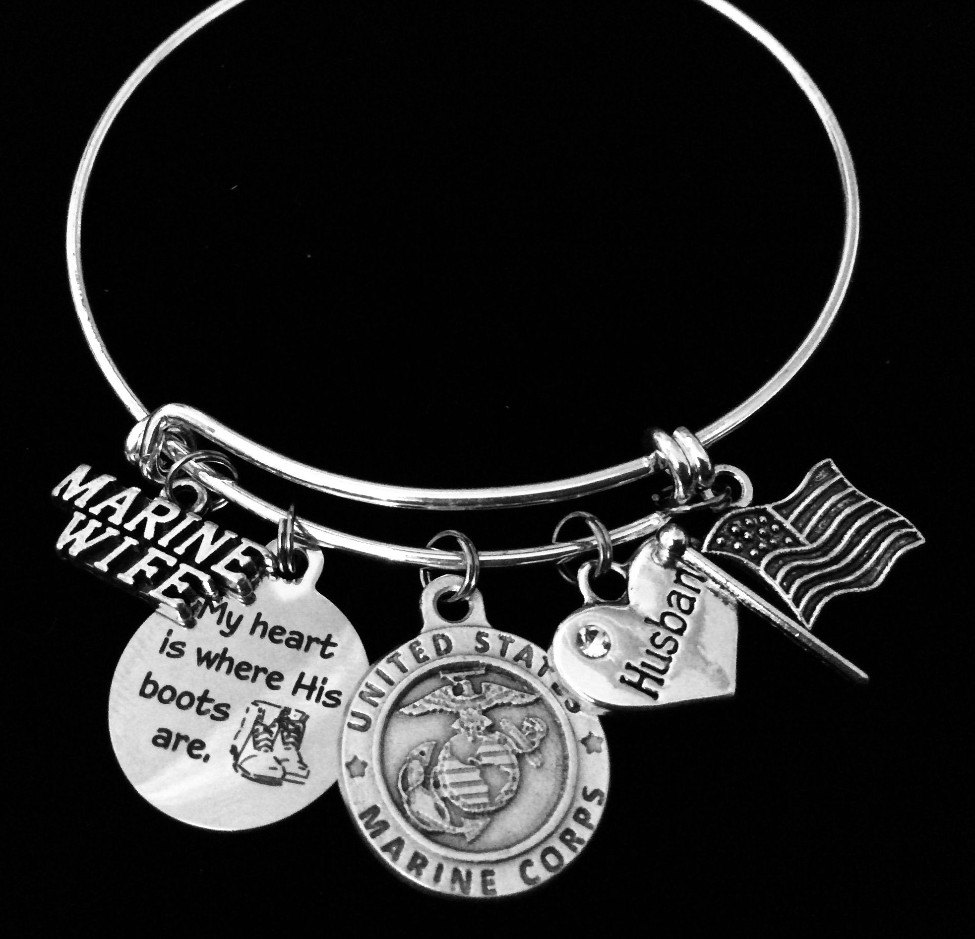 Marine Wife Expandable Charm Bracelet Adjustable Bangle USA Flag Military One Size Fits All Gift Patriotic
