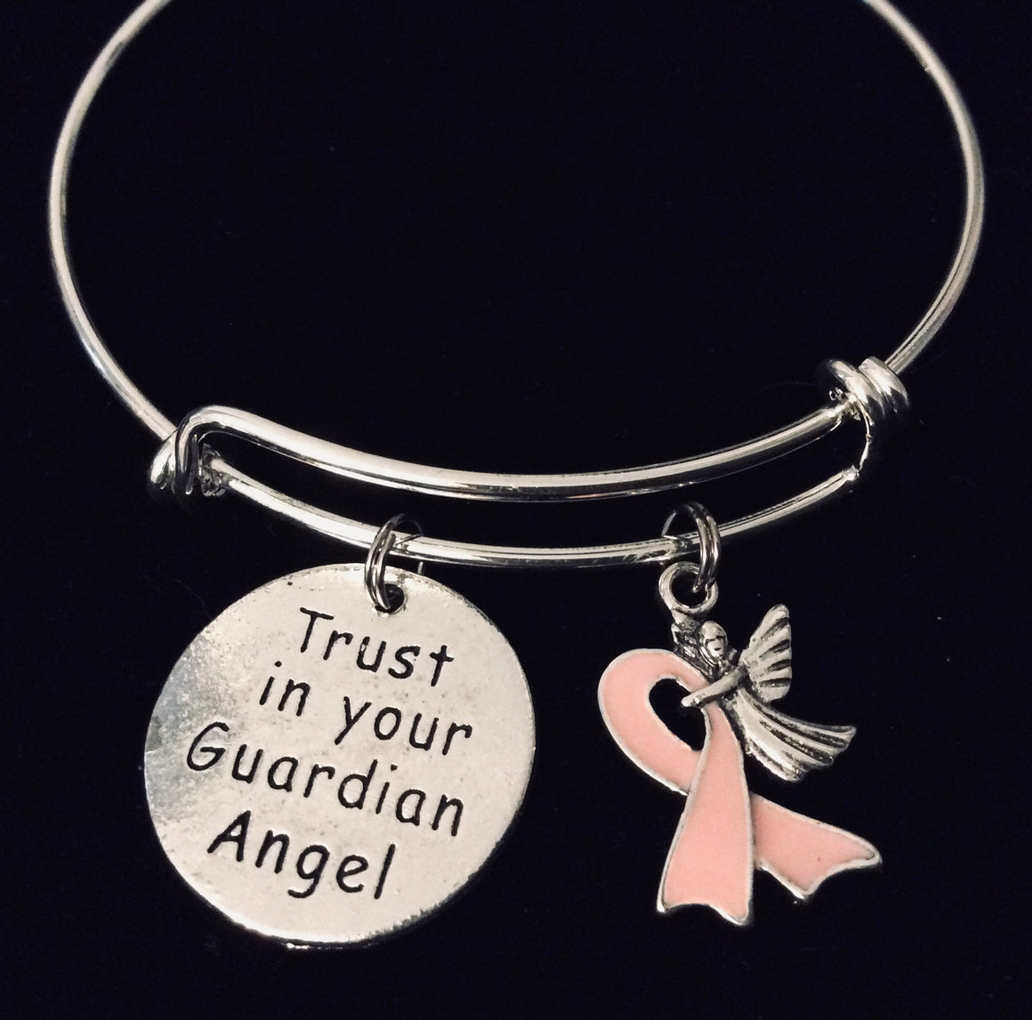 Trust in Your Guardian Angel Pink Awareness Ribbon Adjustable Bracelet Expandable Charm Bracelet Bangle Inspirational Gift Breast Cancer