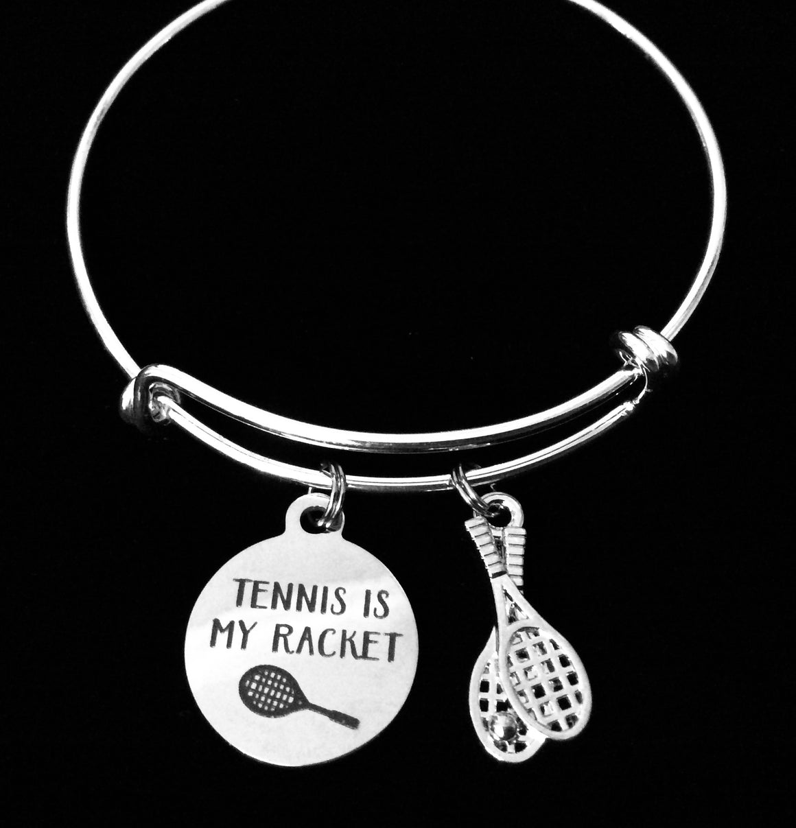 Silver Tennis is My Racket Silver Expandable Charm Bracelet Adjustable Wire Bangle Bracelet Coach Sports Gift