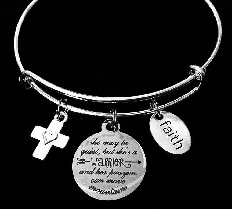 Inspirational Expandable Charm Bracelet Warrior Silver Adjustable Bangle One Size Fits All Gift She Can Move Mountains Faith Cross