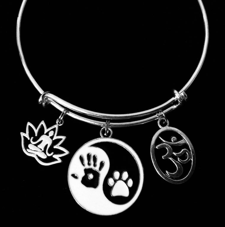 Yin Yang Symbol Paw Print Lotus Flower Om Expandable Charm Bracelet Silver Adjustable Wire Bangle One Size Fits All Gift