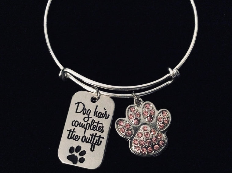 Dog Hair Completes the Outfit Expandable Silver Charm Bracelet Adjustable Bangle Pink Crystal Paw One Size Fits All Jewelry Gift