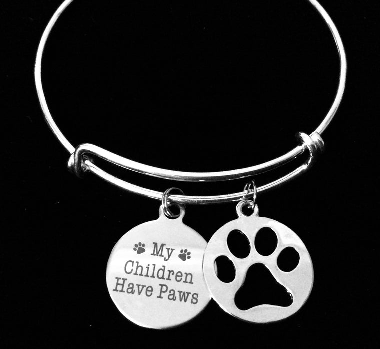 My Children Have Paws Expandable Charm Bracelet Silver Adjustable Wire Bangle Dog Cat Animal Lover One Size Fits All Gift