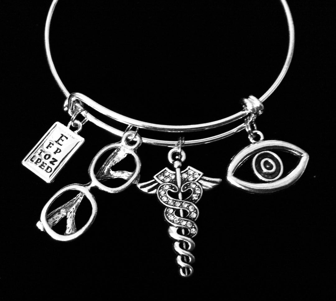 Eye Doctor Charm Bracelet Optometrist Silver Expandable Adjustable Bangle One Size Fits All Gift