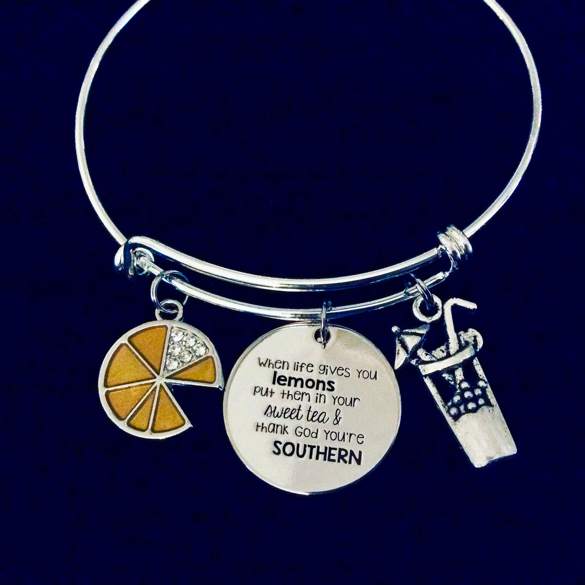 Southern Sweet Tea When Life Gives You Lemons Silver Expandable Charm Bracelet Adjustable Bangle One Size Fits All Gift
