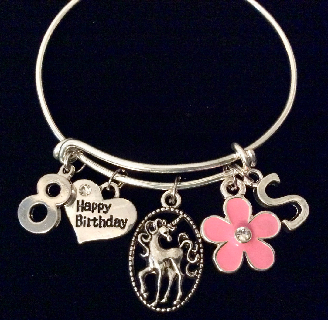 Birthday Girl 8 Years Old Child Size Adjustable Expandable Unicorn Charm Bracelet Kid's Personalized Initial Year Charm