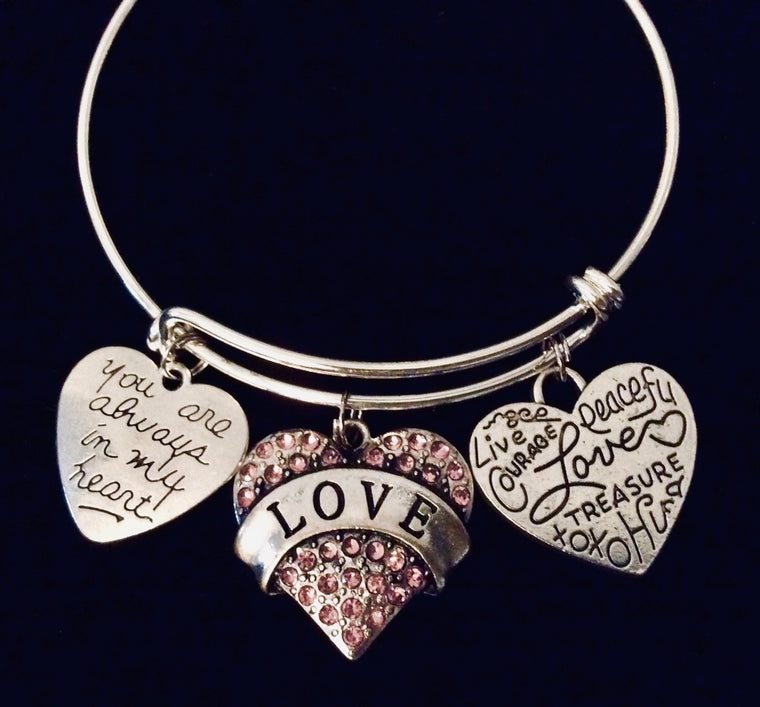 Women's Charm Bracelet Pink Crystal Love Heart Expandable Adjustable Bangle One Size Fits All Gift