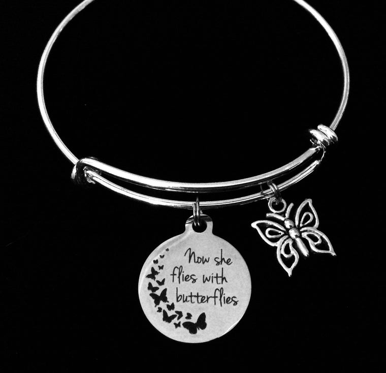 Now She Flies With Butterflies Adjustable Charm Bracelet Expandable Silver Bangle Inspirational One Size Fits All Gift