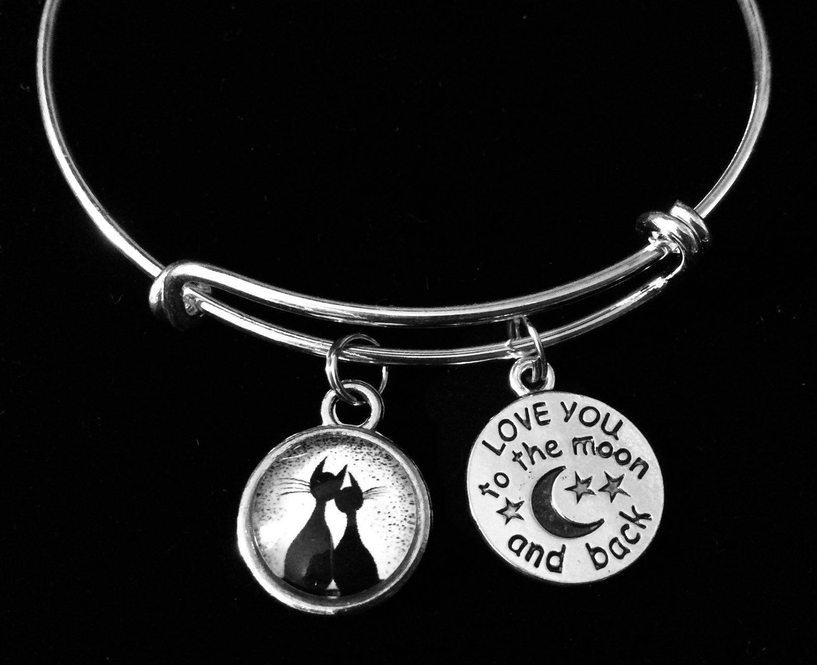 "I Love You To The Moon And Back" Silver Expandable Bangle Bracelet – Dangle Heart Charms, Handmade