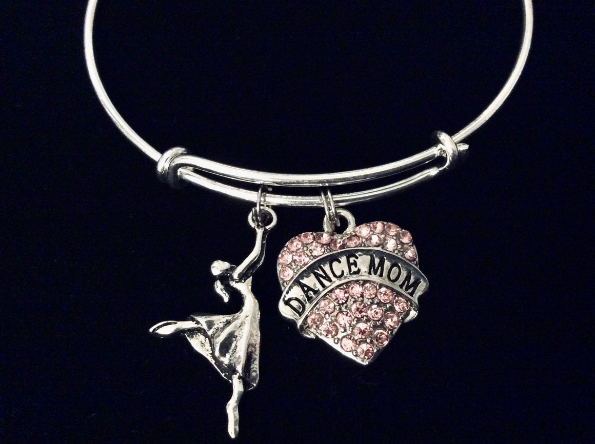 Pink Crystal Heart Dance Mom Jewelry Expandable Charm Bracelet Adjustable Silver Bangle One Size Fits All Gift Ballet Tap Dance Dancer Jewelry