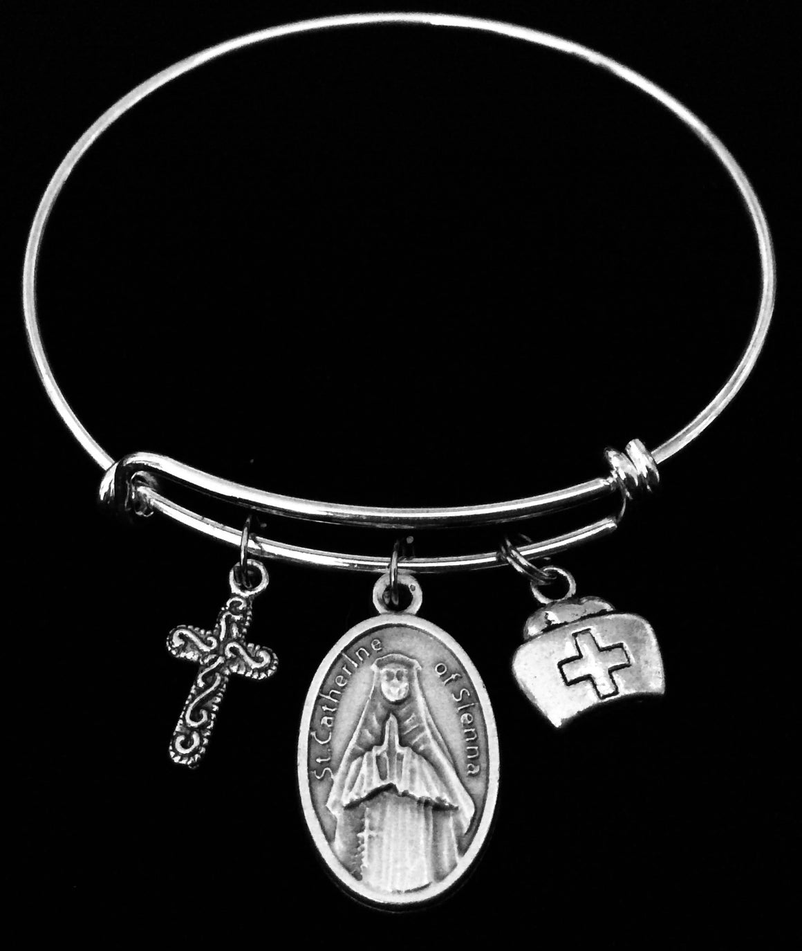 Saint Catherine of Sienna Nurse Hat Cross Expandable Charm Bracelet Silver Adjustable Wire Bangle Catholic Medal Gift Meaningful Inspirational