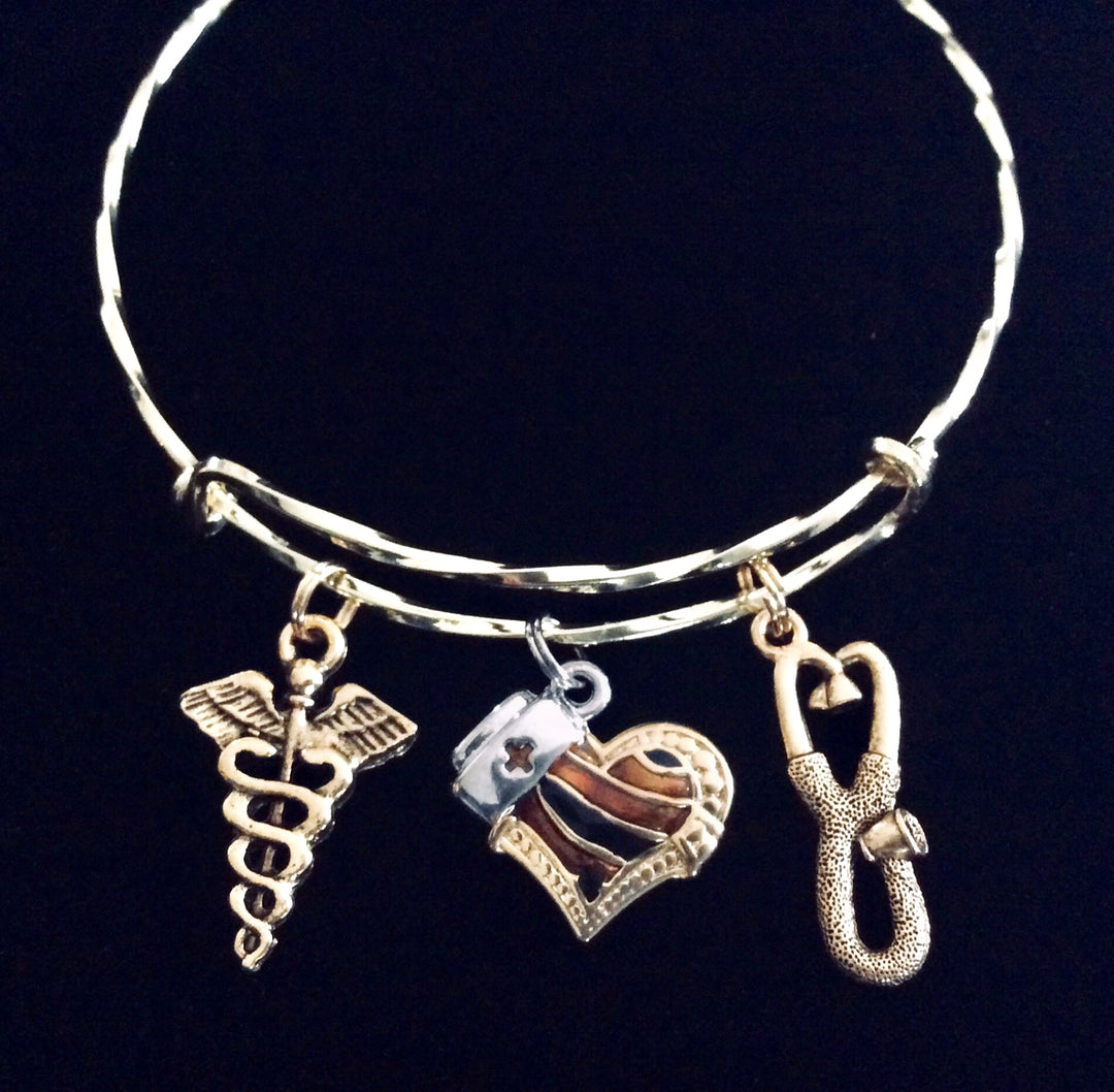 Nurses Gold Charm Bracelet Nurse Gift Expandable Adjustable One Size Fits All Stethoscope Charm